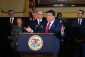 Gov. J.B. Pritzker during a news conference in his Springfield, Illinois office